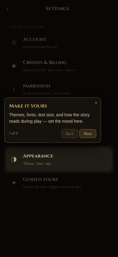 The account tour on mobile